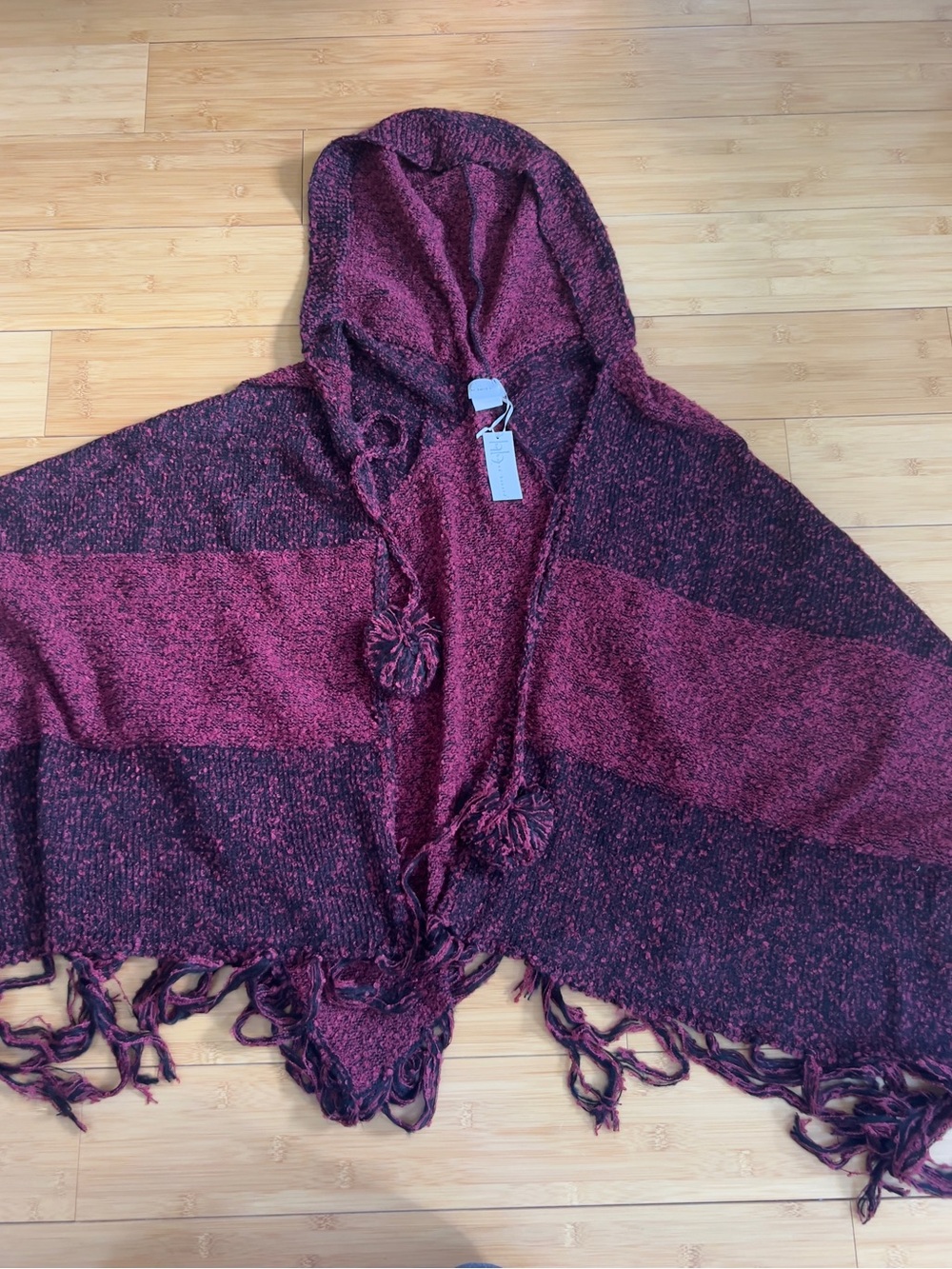 Harve Benard Burgundy and Black Hooded Striped Poncho